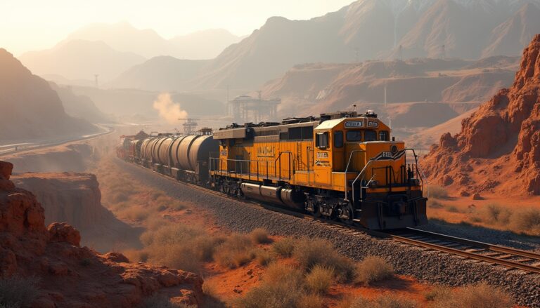 Yellow freight train travels through a rugged desert landscape with mountains in the background.