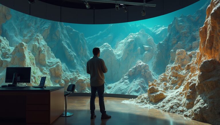 Person observing a 3D landscape display in a modern room with a desk and laptop.