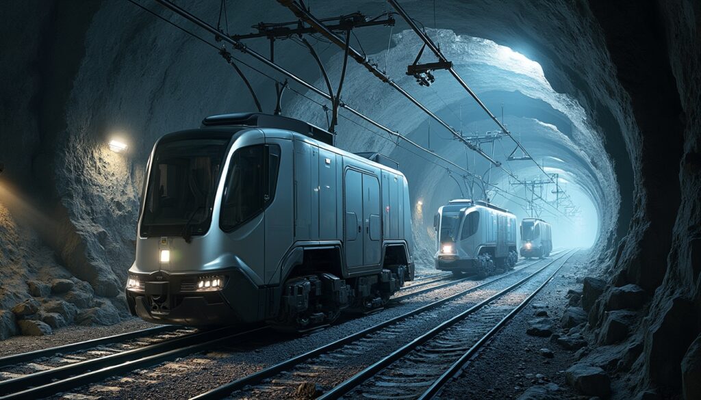 Futuristic electric trains in a dimly lit underground tunnel.