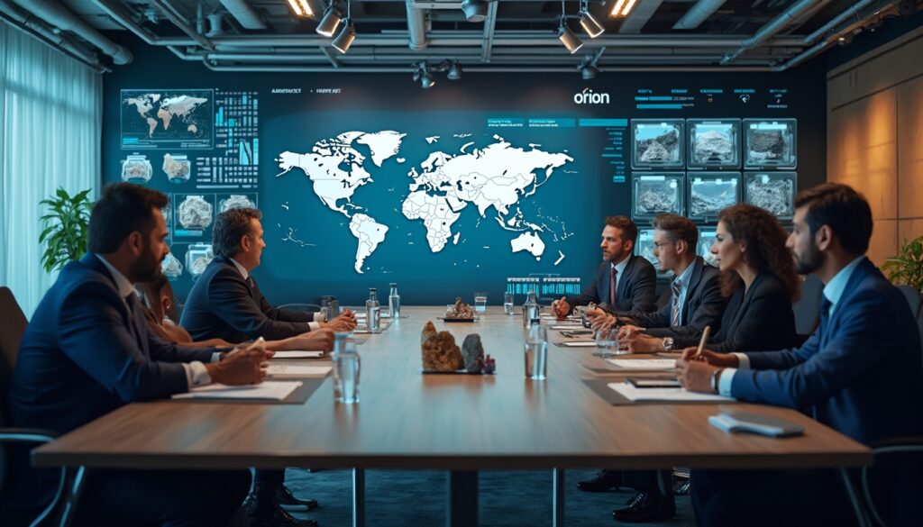 Business meeting with diverse team, discussing world map and data on large screen in modern boardroom.