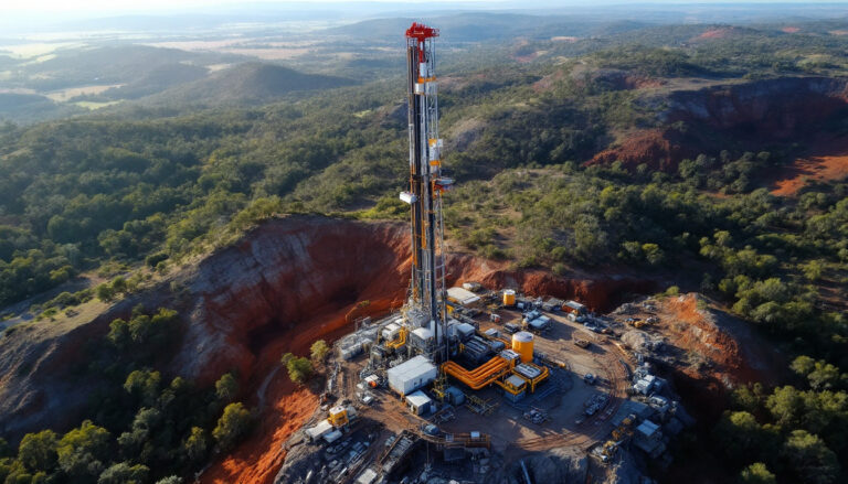 Advance Metals Ltd-AVM-Oil drilling rig amid a lush green landscape with hills in the background.