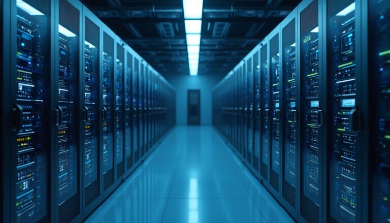 A futuristic aisle in a dimly lit data center, flanked by rows of illuminated server racks.