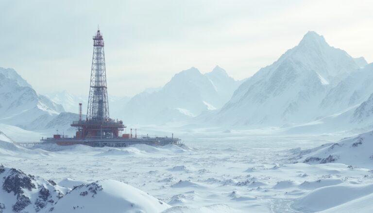 Oil rig stands amidst snowy mountains under a cloudy sky.