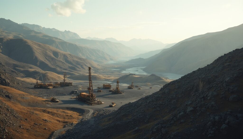 Mountainous landscape with oil rigs and machinery under a hazy sky.