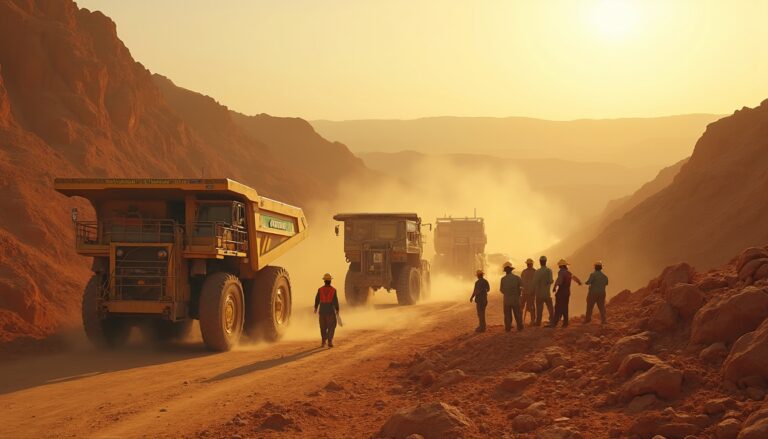 Mining trucks drive through dusty canyon under the setting sun, with workers observing from the side.