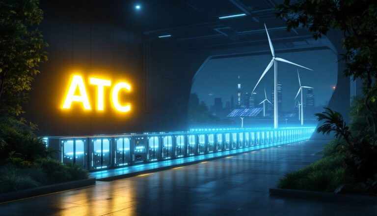 Altech Batteries Ltd-ATC-Blue-lit cityscape with wind turbines, solar panels, and glowing "ATC" sign.