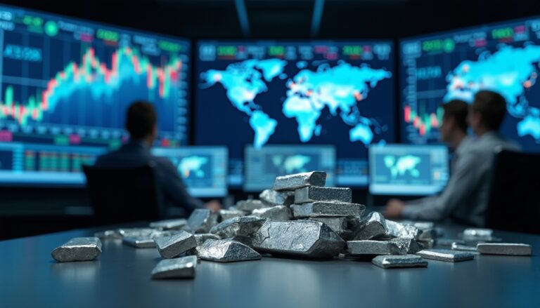 Silver bars on a table with stock market screens in the background.