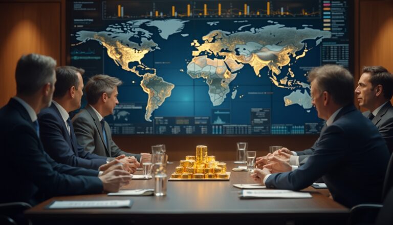 Business meeting with map and gold bars on table.