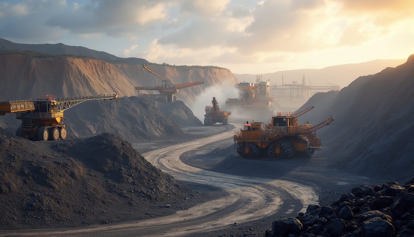 Mining site with large excavation equipment and dust clouds at sunset.