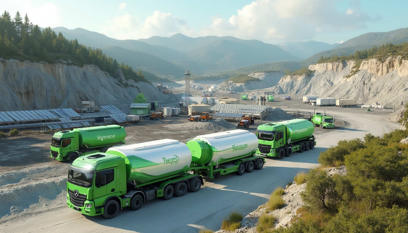 Green hydrogen trucks in a quarry with mountains in the background.