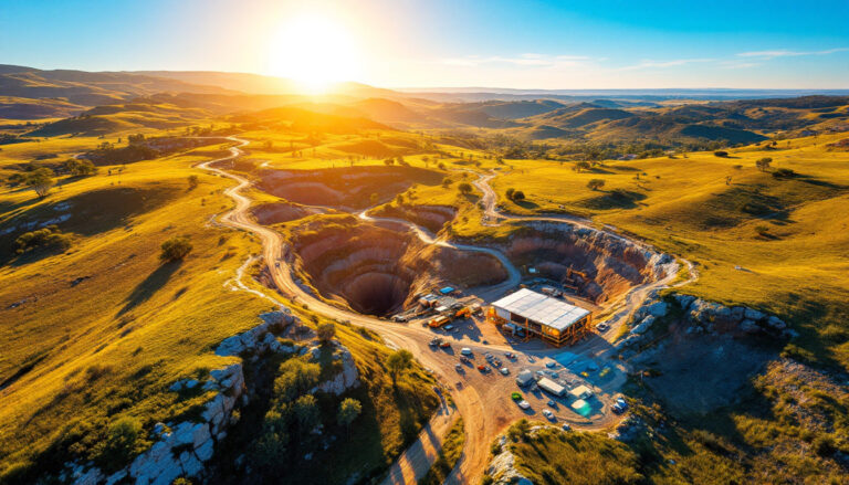 Argent Minerals Ltd-ARD-Sunlit countryside landscape with a large open-pit excavation and a few scattered structures.