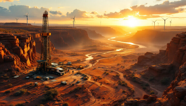 Aruma Resources Ltd-AAJ-Sunset over desert with wind turbines and an oil rig near rocky cliffs and a winding river.