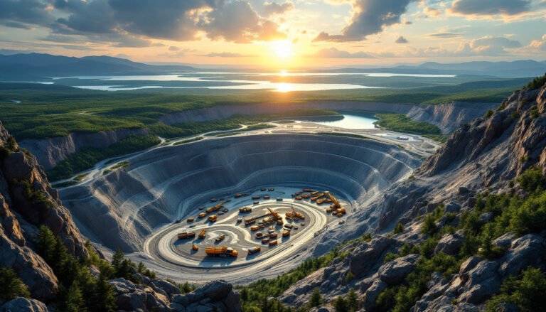 Open-pit mine at sunset, surrounded by lush forests and lakes with vehicles inside the excavation.