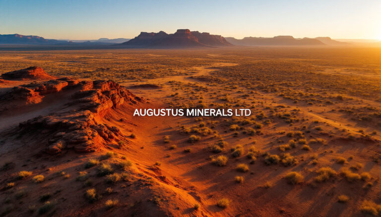 Augustus Minerals Ltd-AUG-Sunset over desert landscape with mesas, "AUGUSTUS MINERALS LTD" text in center.