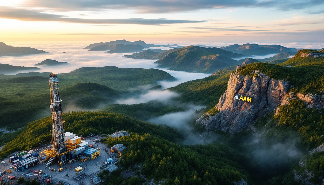 Aumega Metals Ltd-AAM-Sunset over green mountains with a drilling rig and a rocky cliff marked "AAM".