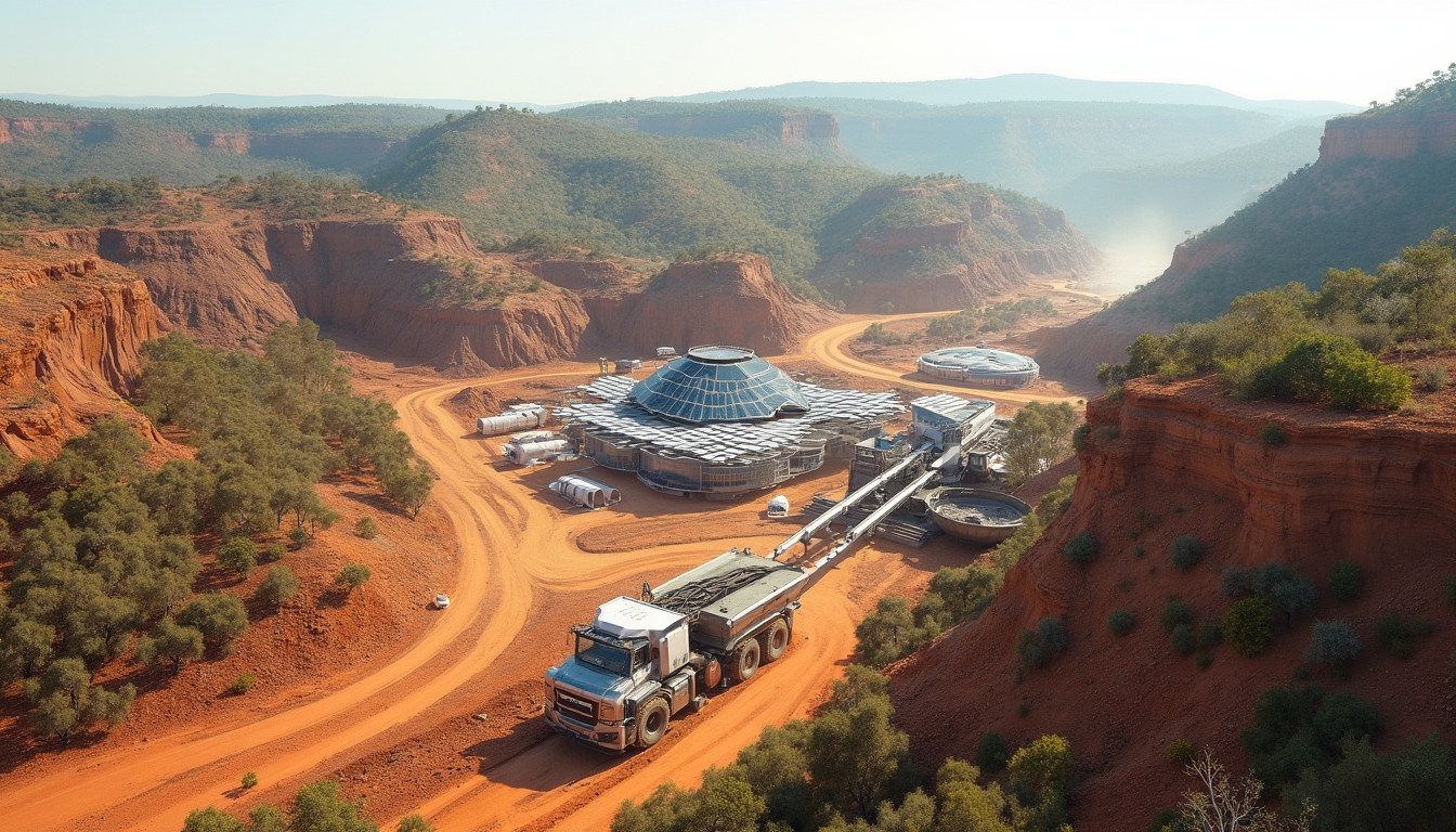 Futuristic facility in a red desert canyon with greenery and a large truck on a dirt road.