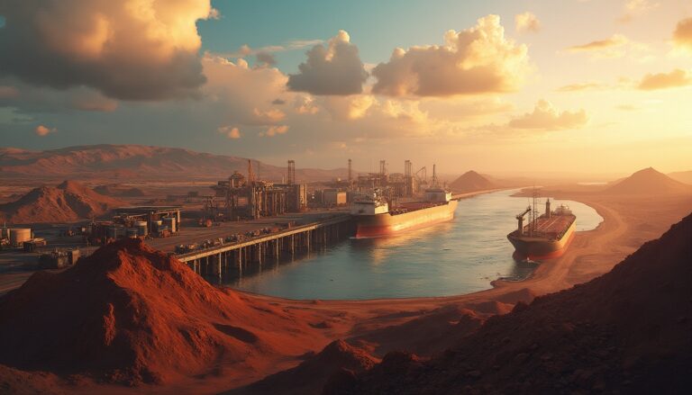 Two cargo ships docked at an industrial port under a cloudy sunset sky.