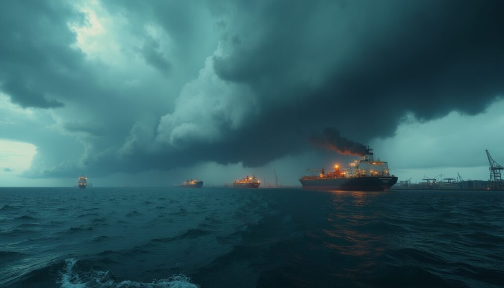 Cargo ships in a stormy sea under dark, dramatic clouds.