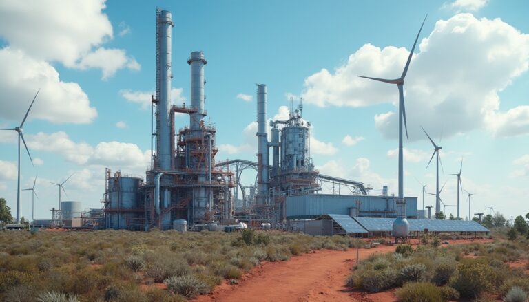 Industrial facility with wind turbines in a desert landscape under a cloudy sky.