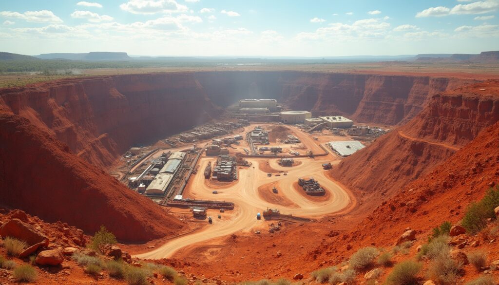 Aerial view of a large, open-pit mine with red earth and machinery under a blue sky.