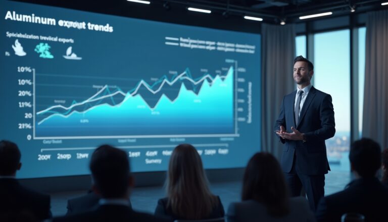 Businessman presents aluminum export trends graph to audience in modern conference room.