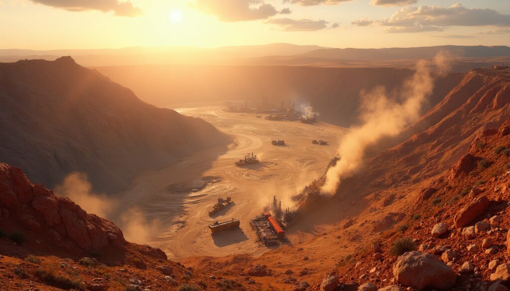 Sunset over a vast desert mining site, with machinery and dust rising in the arid landscape.