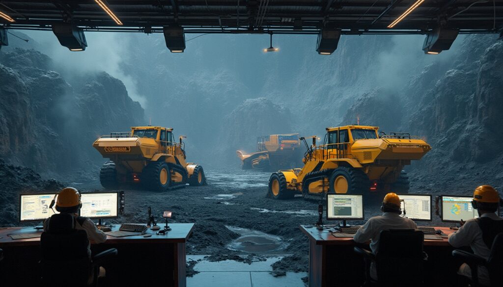 Control room overseeing yellow construction vehicles in an underground mine.