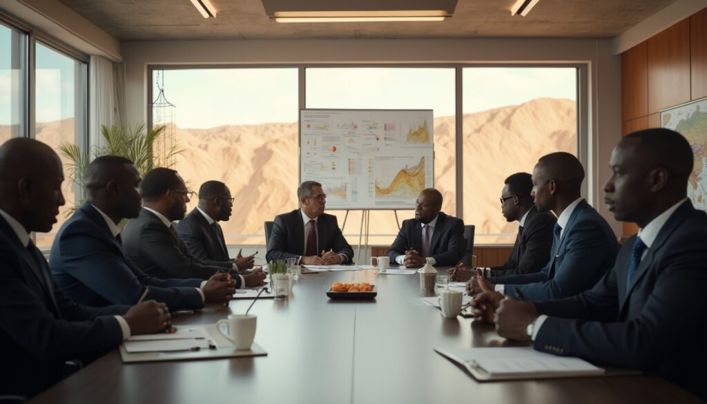 Business meeting in a conference room with charts on a whiteboard and mountains in the background.