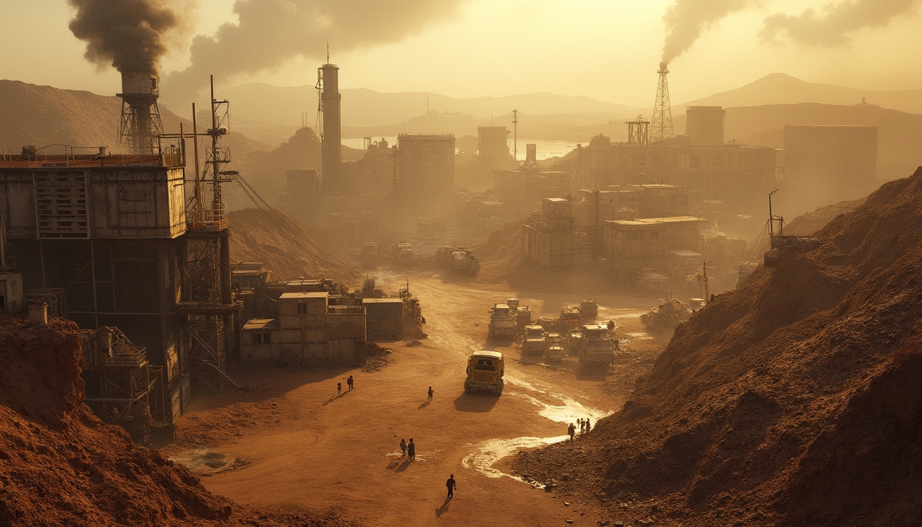 Industrial landscape with heavy smog, smokestacks, and vehicles under an orange, hazy sky.