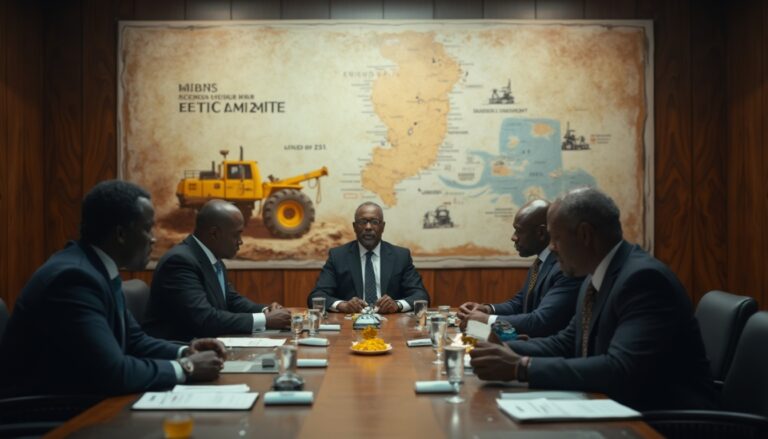 Business meeting with six men at conference table, map and bulldozer image on wall behind them.