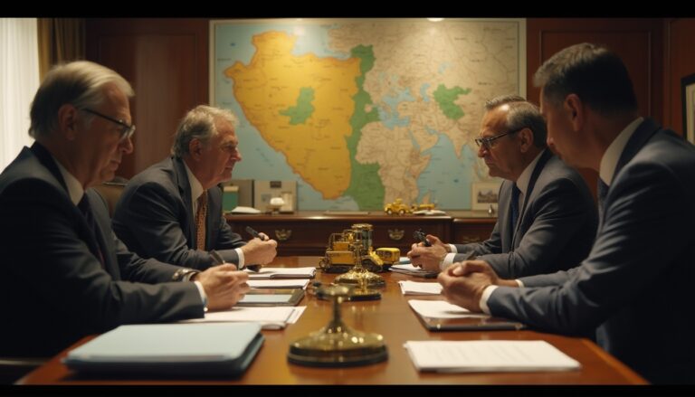 Four men in suits having a meeting at a conference table with a map in the background.