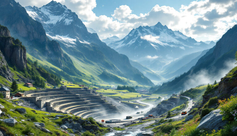 Battery Age Minerals Ltd-BM8-Mountain valley with terraced landscape, winding road, and misty peaks under a cloudy sky.