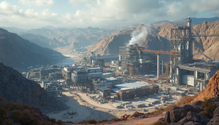 Industrial facility nestled in a rugged, mountainous landscape under a partly cloudy sky.