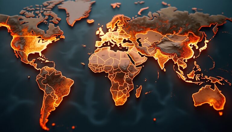 World map with glowing orange continents on a dark background.