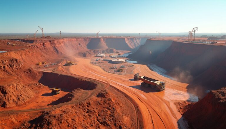 Open-pit mine with red earth, heavy machinery, and cranes under a clear blue sky.