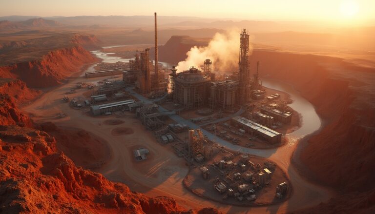 Industrial complex with smokestacks amidst red canyon and winding river at sunset.