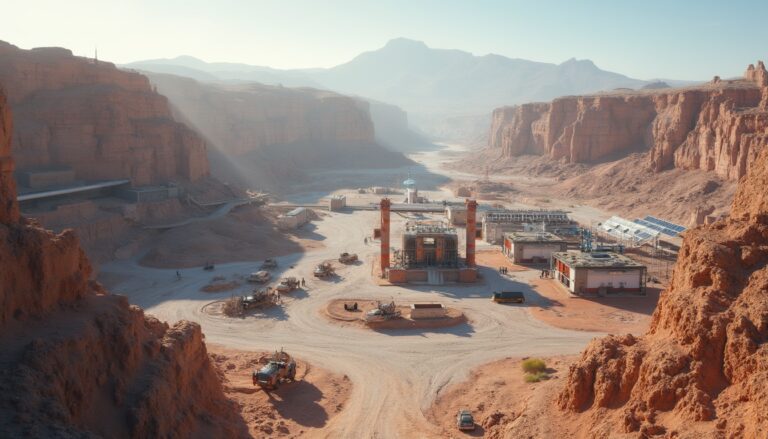 Desert landscape with a futuristic facility surrounded by rugged cliffs and solar panels.