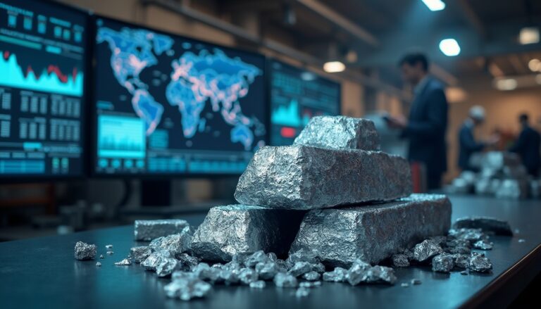 Silver bars on a table with financial data screens in the background.