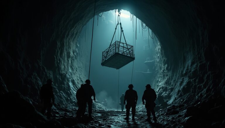 Workers in a dimly lit cave watch a platform being lowered from above.