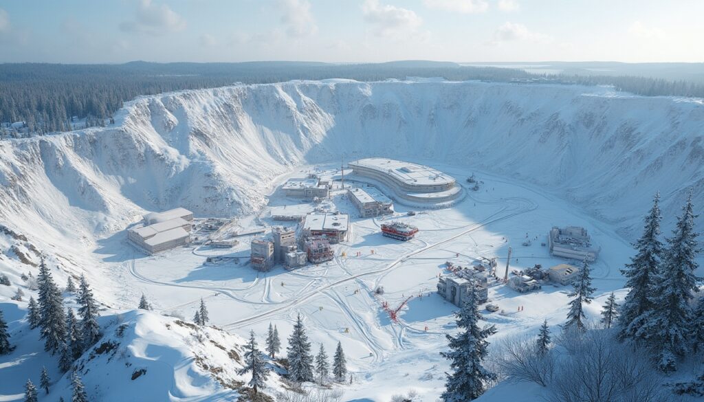 A snowy facility nestled in a large crater surrounded by a forest.