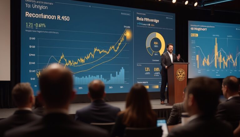 Speaker presenting financial graphs to an attentive audience in a conference setting.