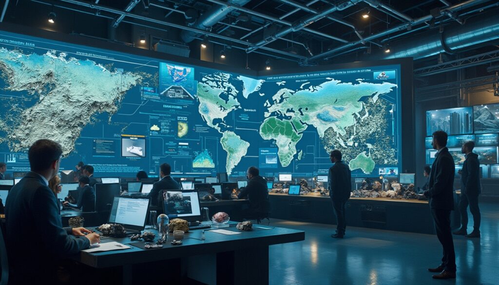 Control room with people analyzing digital world maps and data on large screens.