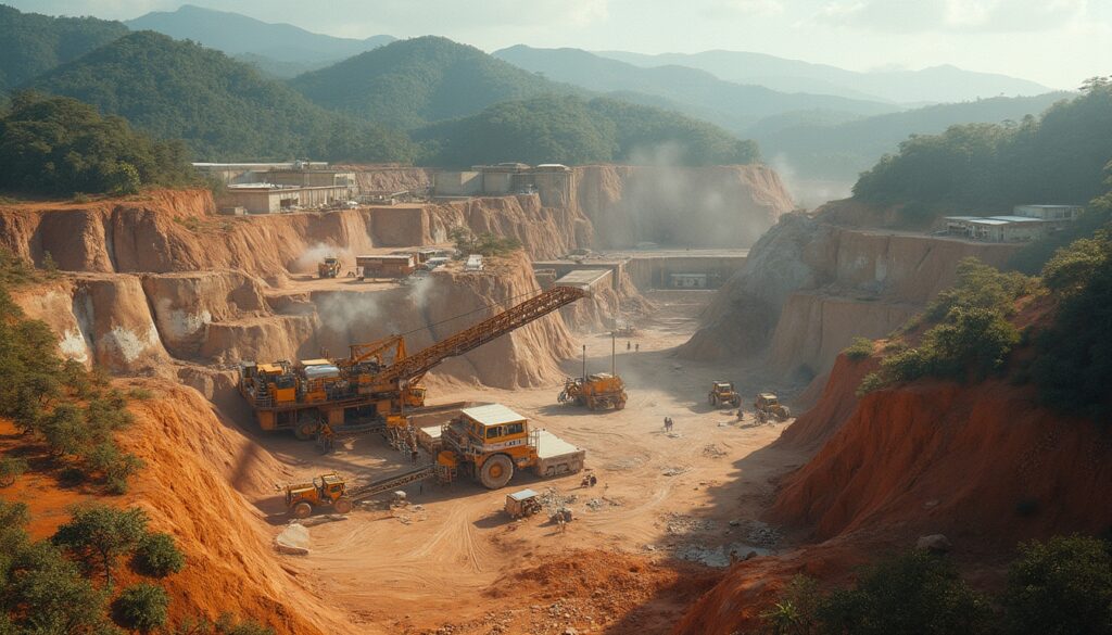 Aerial view of a bustling mining site with heavy machinery and terraced red dirt landscape.