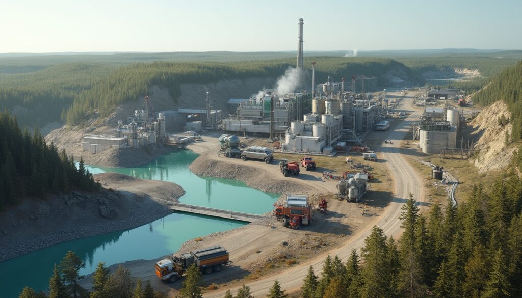 Industrial facility in a forested area with vehicles and turquoise water nearby.