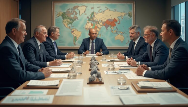 Business meeting around a table with documents and a world map in the background.