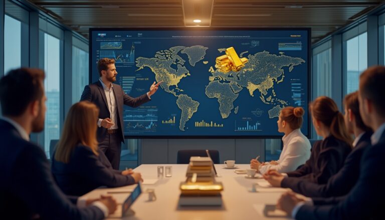 Business presentation on global gold market with map and charts in a conference room.