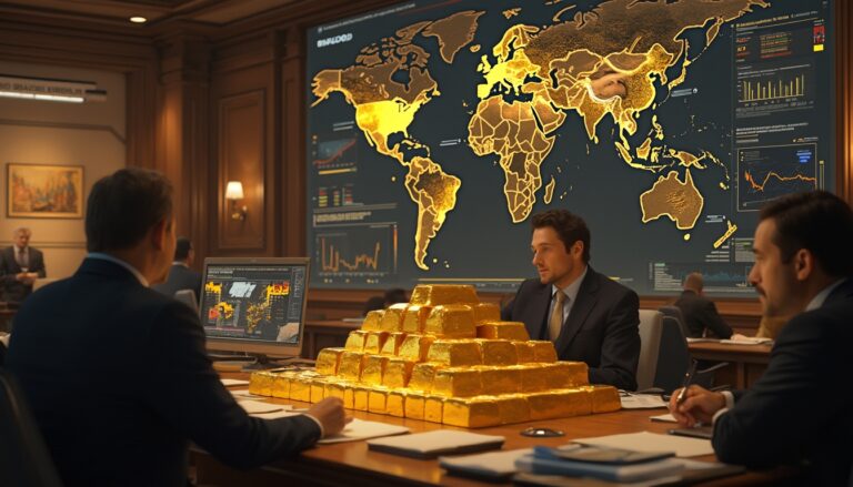 Business meeting with gold bars on table, large world map display in the background.