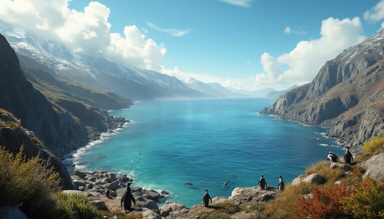 Penguins on rocky cliffside overlook a turquoise bay, surrounded by snow-capped mountains and clouds.