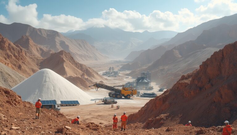 Workers in a desert mining site with machinery, mountains, and cloudy sky in the background.