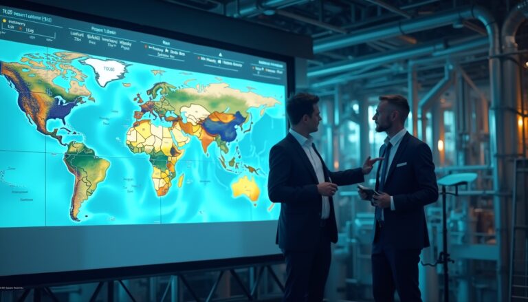 Two men in suits discuss a colorful world map on a screen in an industrial setting.